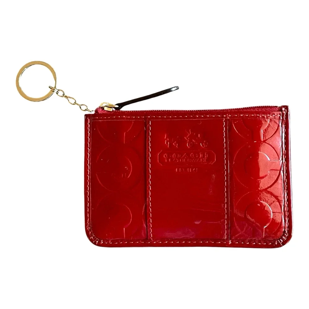 COACH Embossed C Red Patent Leather Gold Key Ring Small Skinny Card Case Top Zip